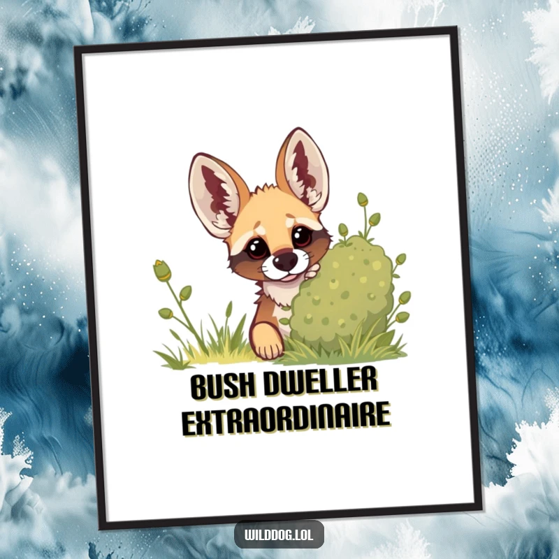 Funny digital art print of a wild dog peeking cautiously from behind a bush, ears perked, embodying playful curiosity.