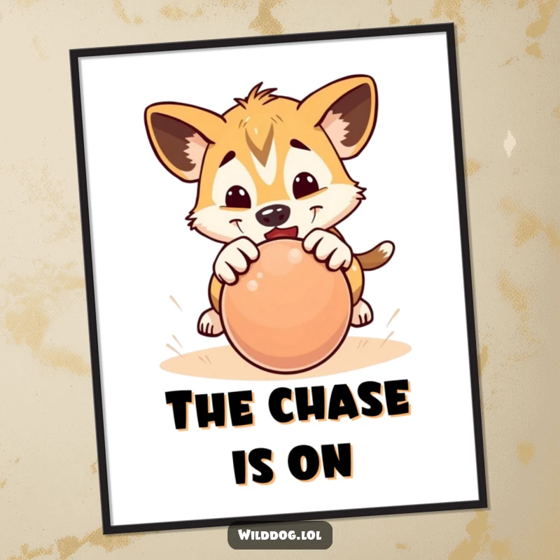 Funny digital art print of a wild dog puppy playfully pouncing on a rolling ball, ready for display.