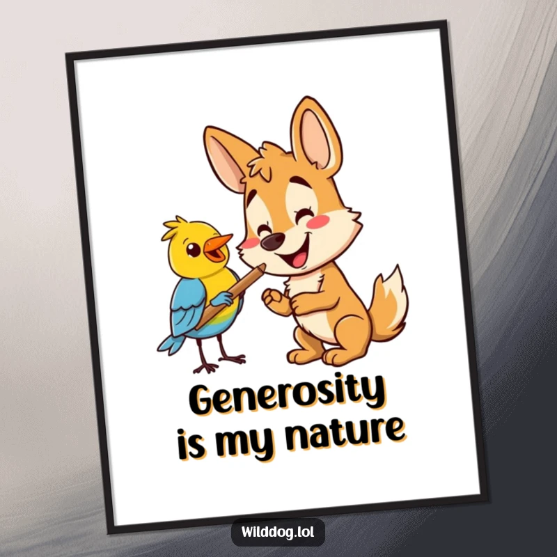 Funny happy wild dog offering a stick to a bird, perfect for instant digital art. Funny gift print.