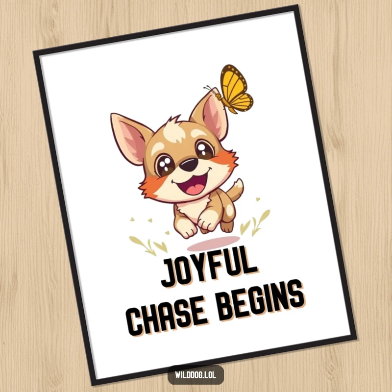 Funny digital art print of a wild dog with wide, joyful eyes chasing a butterfly, capturing a moment of pure delight.