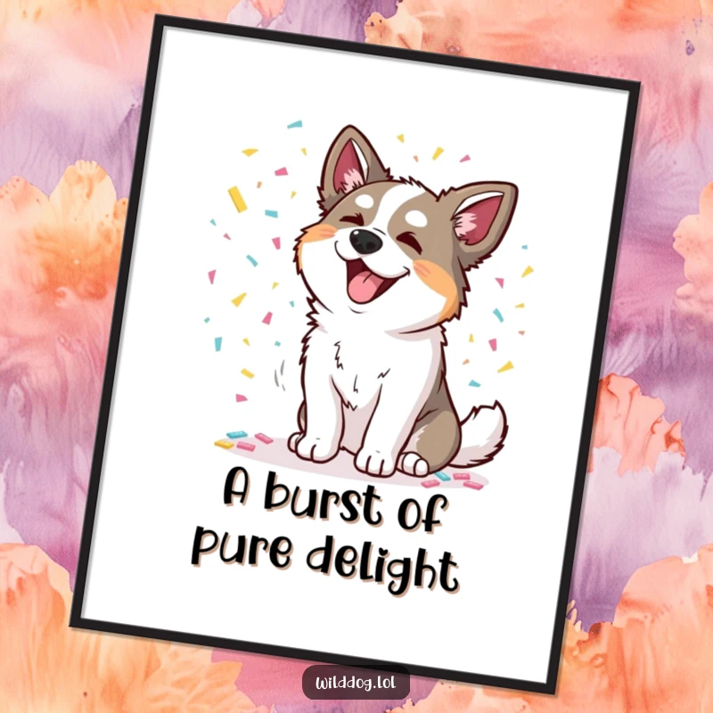 Funny digital art print of a wild dog joyfully scattering colorful confetti, adding instant festive humor and charm.