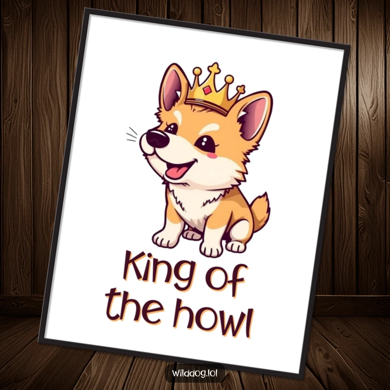 Funny wild dog digital art print of a playful dog wearing a tiny crown, barking happily.