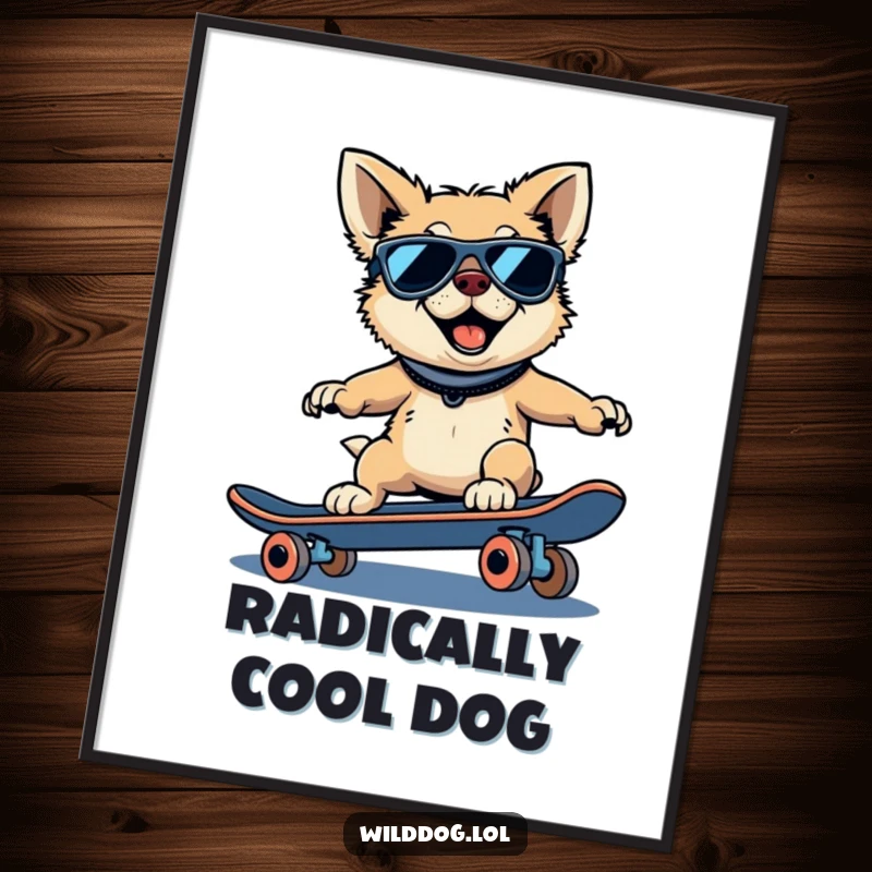 Funny wild dog digital art print of a dog wearing sunglasses, riding a skateboard downhill.