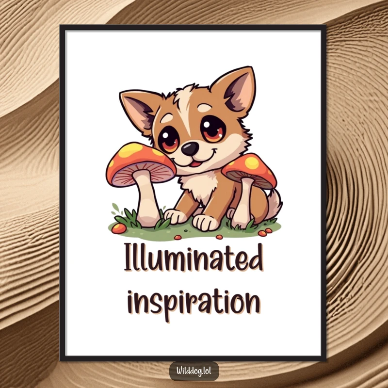 Funny digital art print of a wide-eyed wild dog curiously investigating a brightly glowing mushroom in a dark forest.