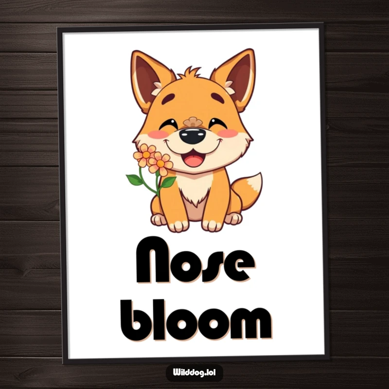 Funny digital art print of a wild dog character with a delighted grin balancing a flower on its nose, ready to bring instant joy.