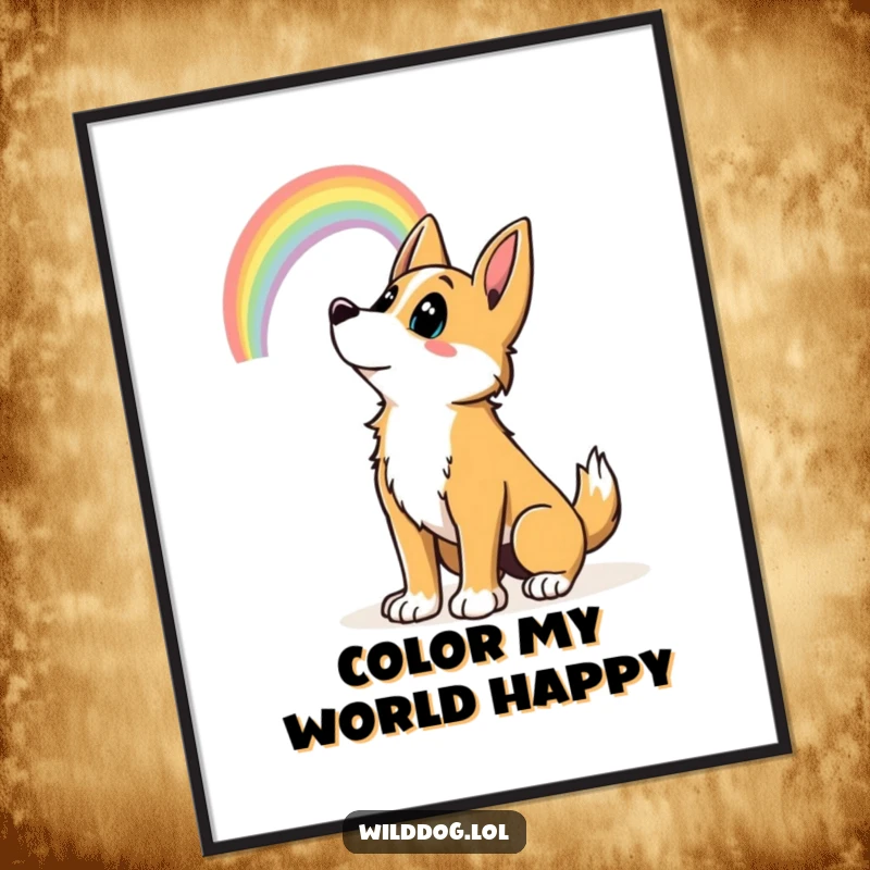 Funny wild dog wagging tail, gazing at a rainbow, perfect for instant digital art. Funny gift print.