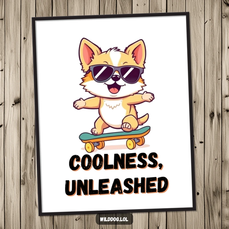 Funny digital art print of a wild dog wearing sunglasses, riding a skateboard downhill, creating a humorous and extremely cool wall statement.