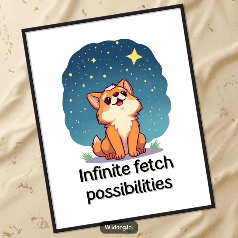 Funny digital art print of a wild dog character looking up at a vast, starry night sky, evoking a sense of wonder and cosmic beauty.