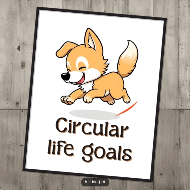 Funny wild dog tail chasing digital art print showing a dog spinning after its tail, for instant, humorous wall decor.