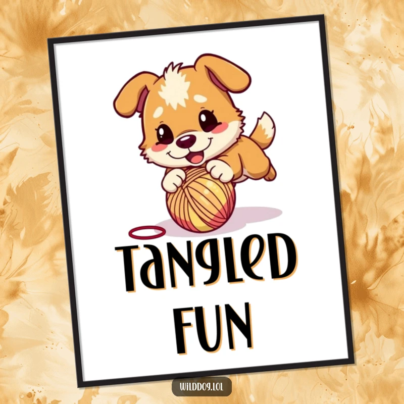 Funny digital art print of a wild dog character energetically pouncing on a bouncing ball of yarn, ready to add instant action.