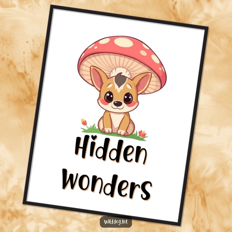 Funny digital art print of a curious wild dog with wide eyes, peeking from behind a large, colorful mushroom, ready to download and display.