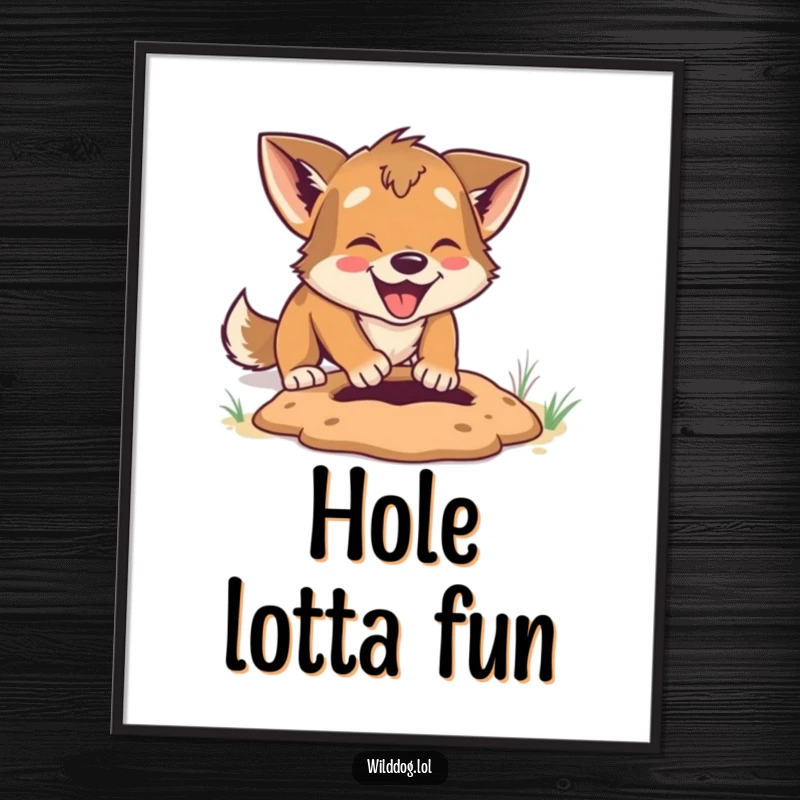 Funny Digital Art Print: Wild dog digging a small hole with great enthusiasm, a humorous and energetic piece.