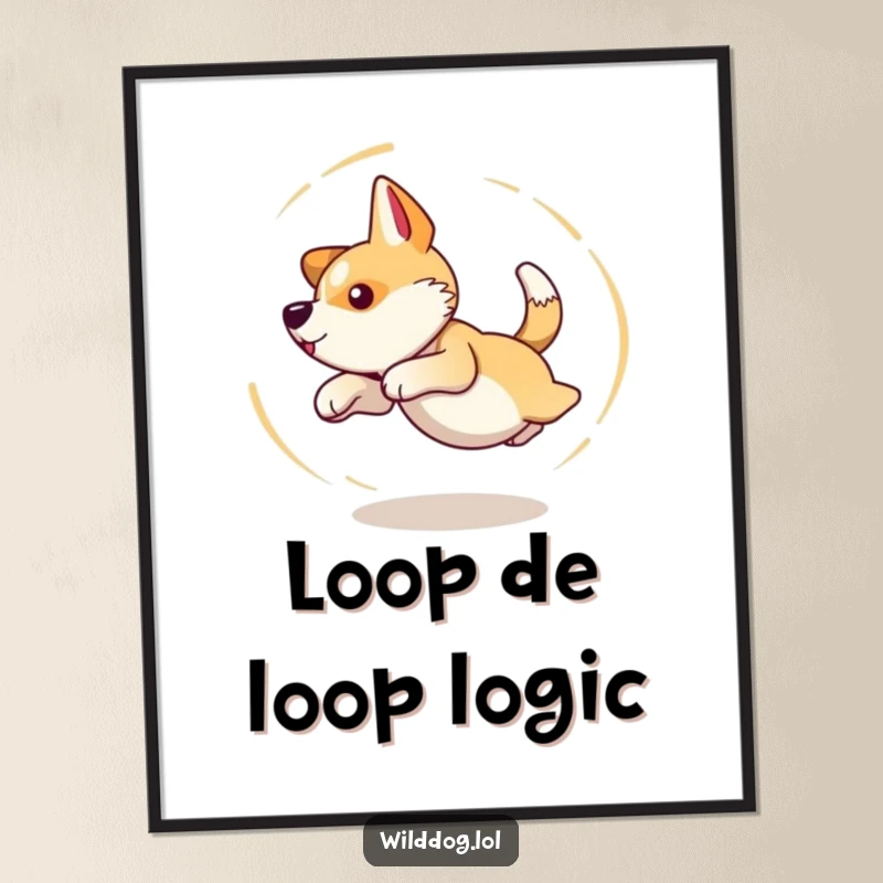 Funny digital art print of a wild dog spinning in dizzy circles, hilariously and determinedly chasing its own tail.