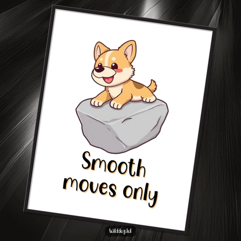 Funny digital art print of a wild dog joyfully sliding down a smooth, worn rock.