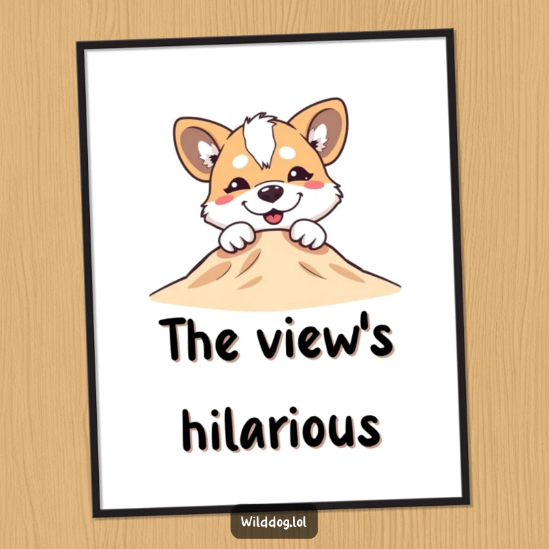 Funny wild dog with a silly grin peeking over a small hill, digital art print, radiating pure joy.