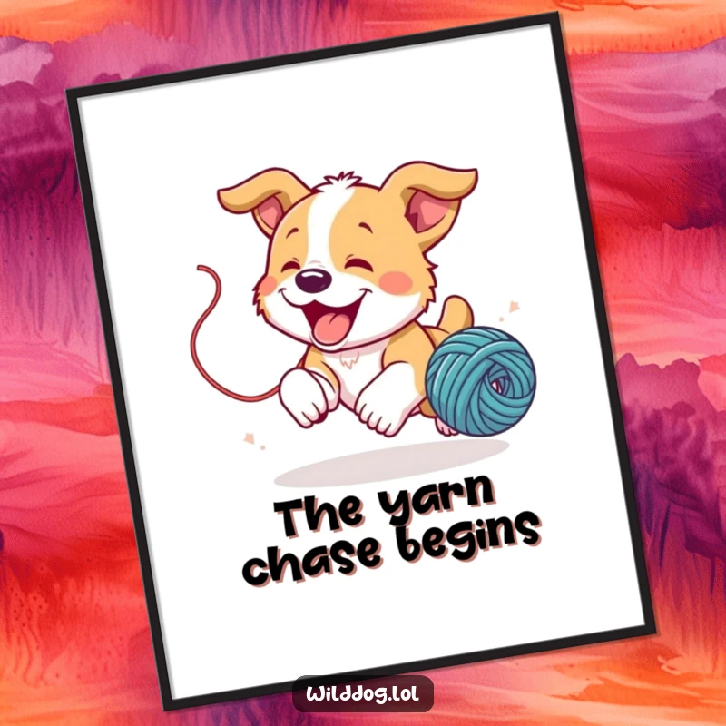 Funny wild dog puppy joyfully chasing a bouncing ball of yarn, digital art print, capturing pure puppy joy.