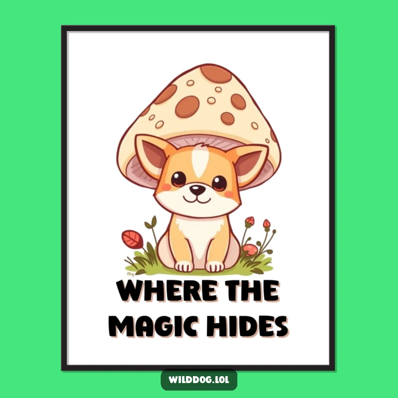 Funny Kawaii Wild Dog Digital Print: Mushroom Peek Instant Art, Unique Funny Gift