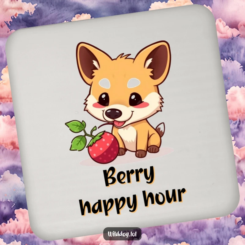 Funny Kawaii Wild Dog Coaster: Adorable dog nudging a berry, a cute and functional accessory to protect surfaces with humor.