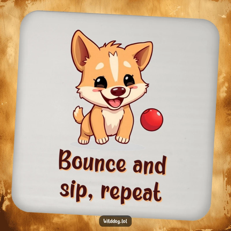 Funny drink coaster with a wild dog happily bouncing a tiny red ball, protecting surfaces with a playful design.