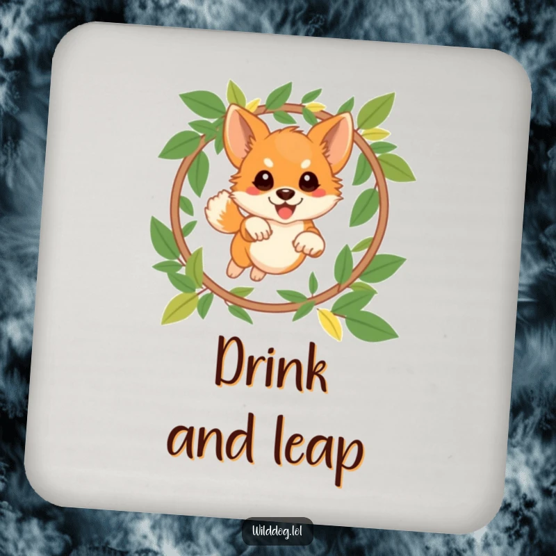 Funny wild dog drink coaster depicting a playful dog leaping through a hoop made of leaves, a humorous and functional tabletop accessory.