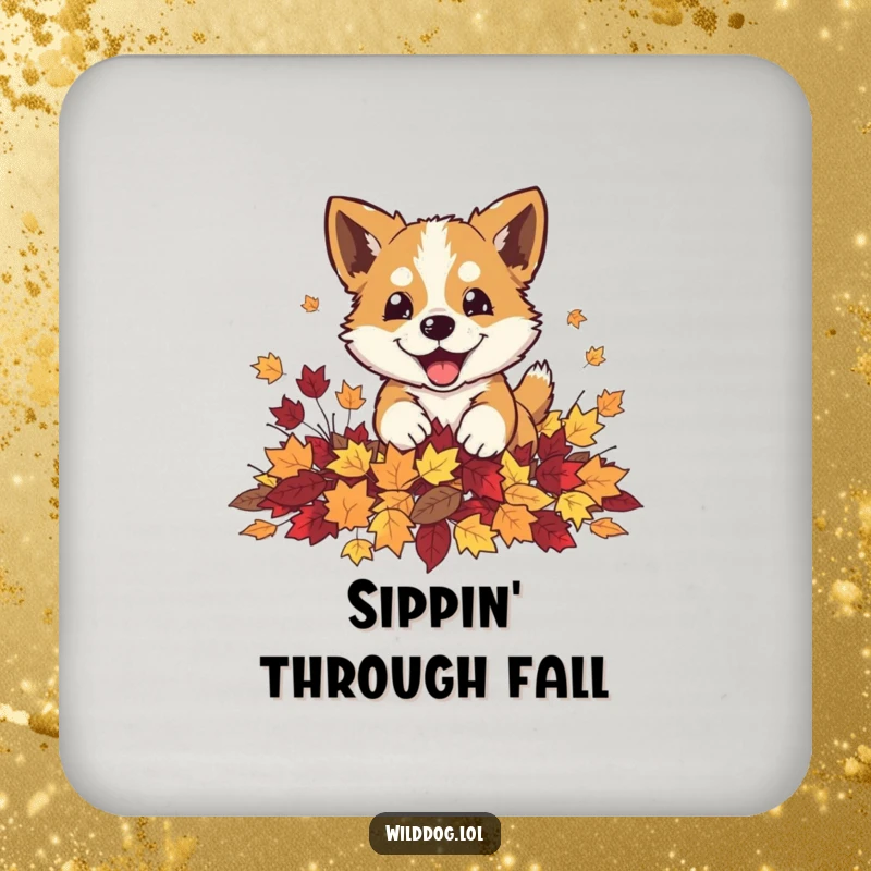 Funny wild dog playfully pouncing into a pile of autumn leaves on a drink coaster, protecting surfaces.
