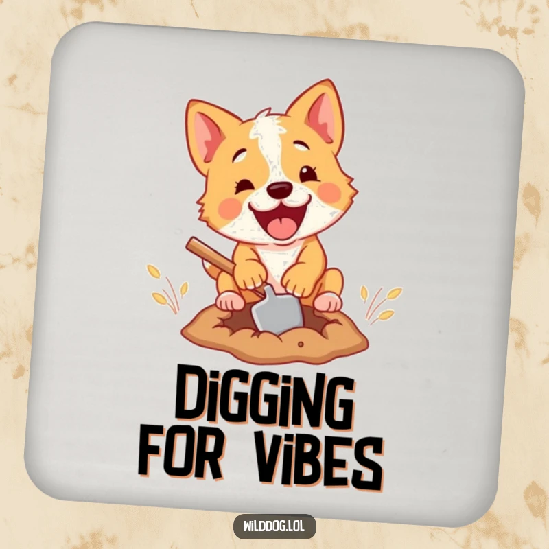 Funny coaster depicting a determined wild dog hilariously digging with a small shovel, protecting your surfaces with canine charm and humor.
