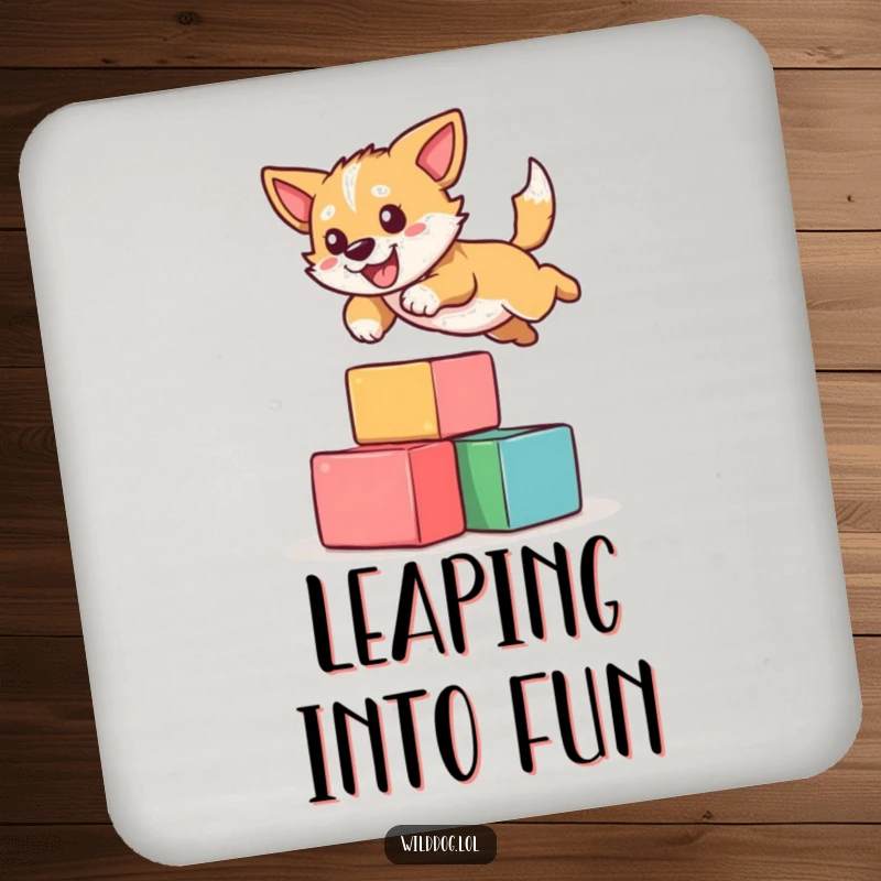 Funny coaster depicting a wild dog hilariously leaping over blocks, protecting your surfaces with canine charm and a dash of humor.