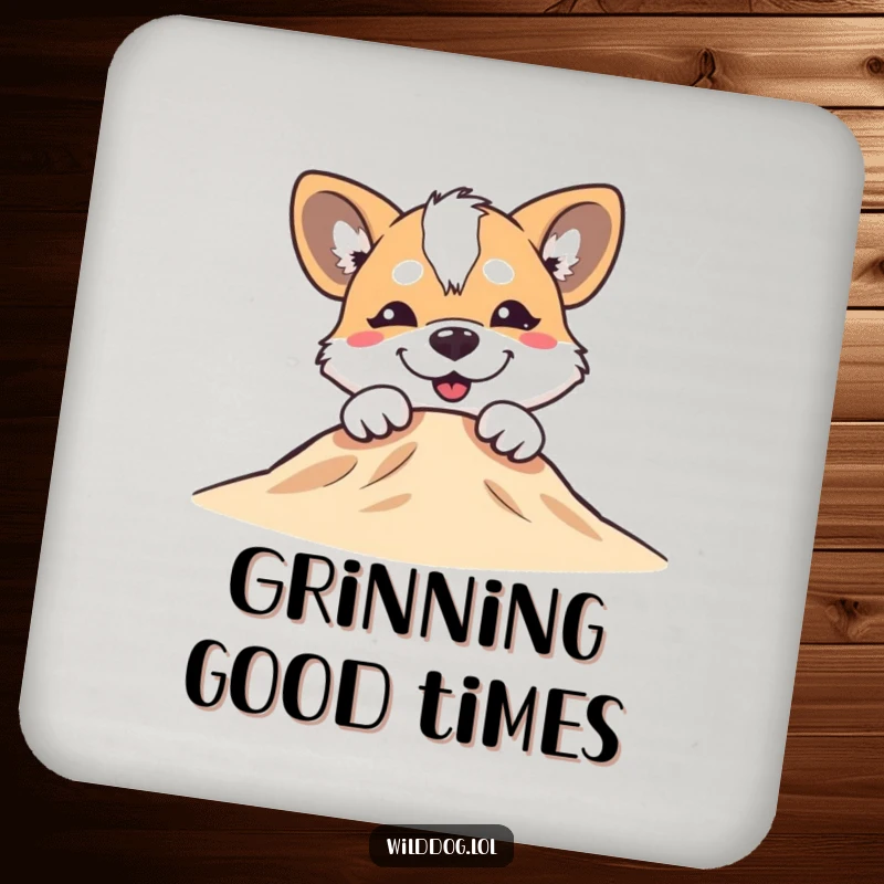 Funny wild dog with a silly grin peeking over a small hill on a drink coaster, protecting surfaces.