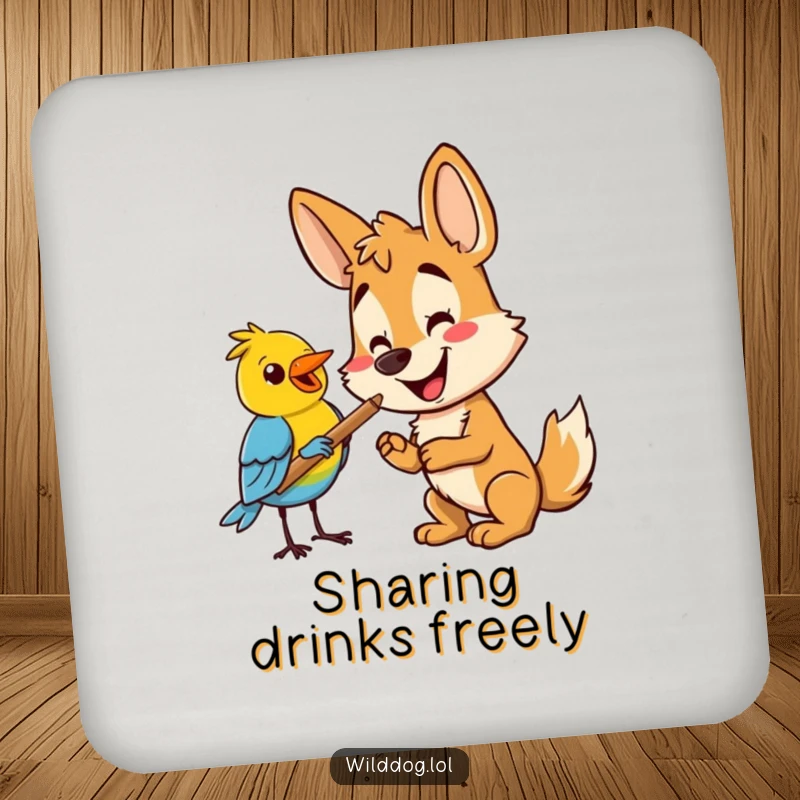 Funny wild dog offering a stick to a bird, protecting surfaces with humor. Funny gift coaster.