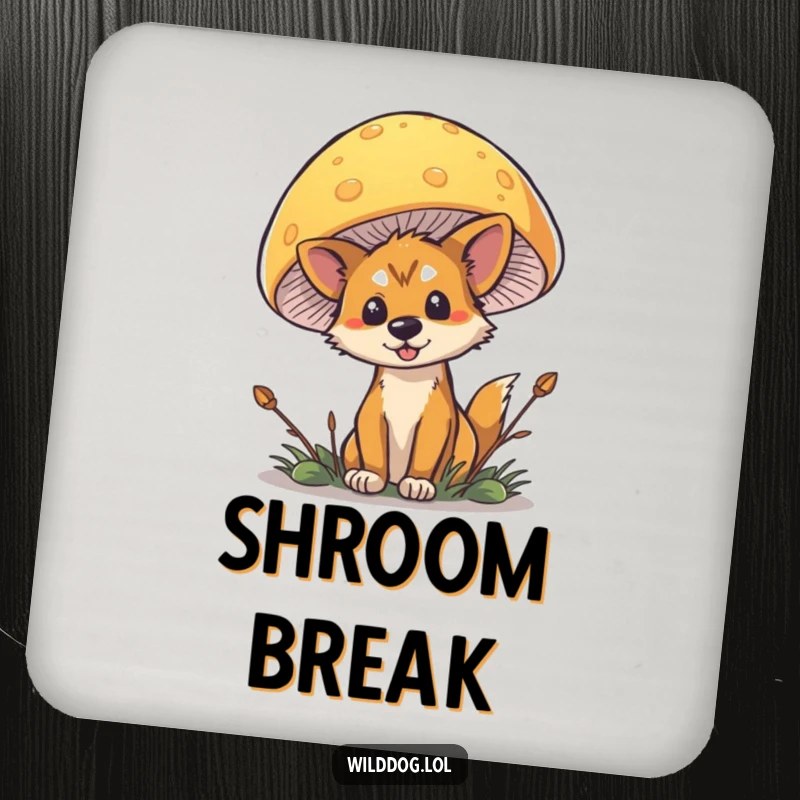 Funny Wild Dog Mushroom Coasters featuring a dog peeking from behind a mushroom, protecting drinks.