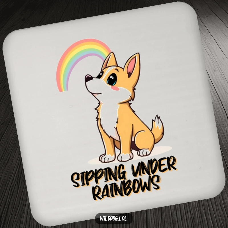 Funny wild dog looking at a rainbow, protecting surfaces with humor. Funny gift coaster.