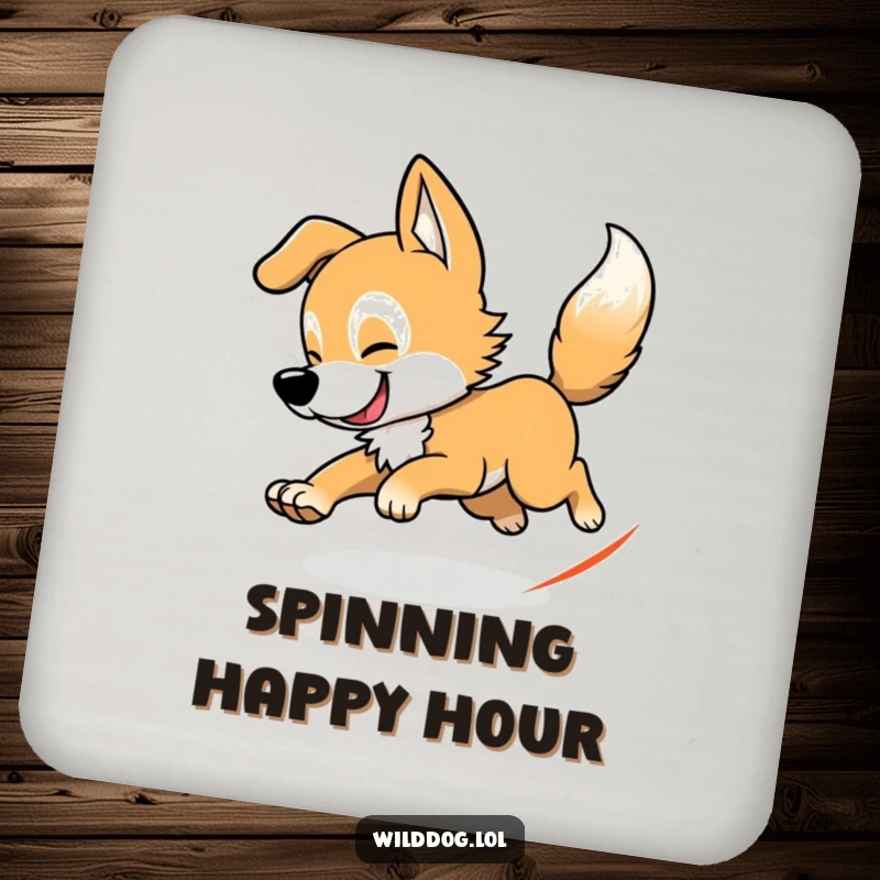 Funny wild dog drink coaster depicting a dog chasing its tail, a humorous coaster for table protection.