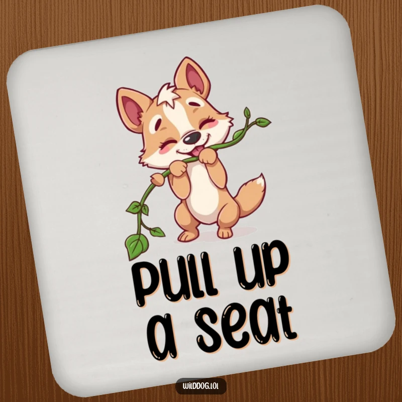 Funny drink coasters featuring a wild dog character playfully tugging on a long vine, adding a touch of lighthearted fun to surfaces.