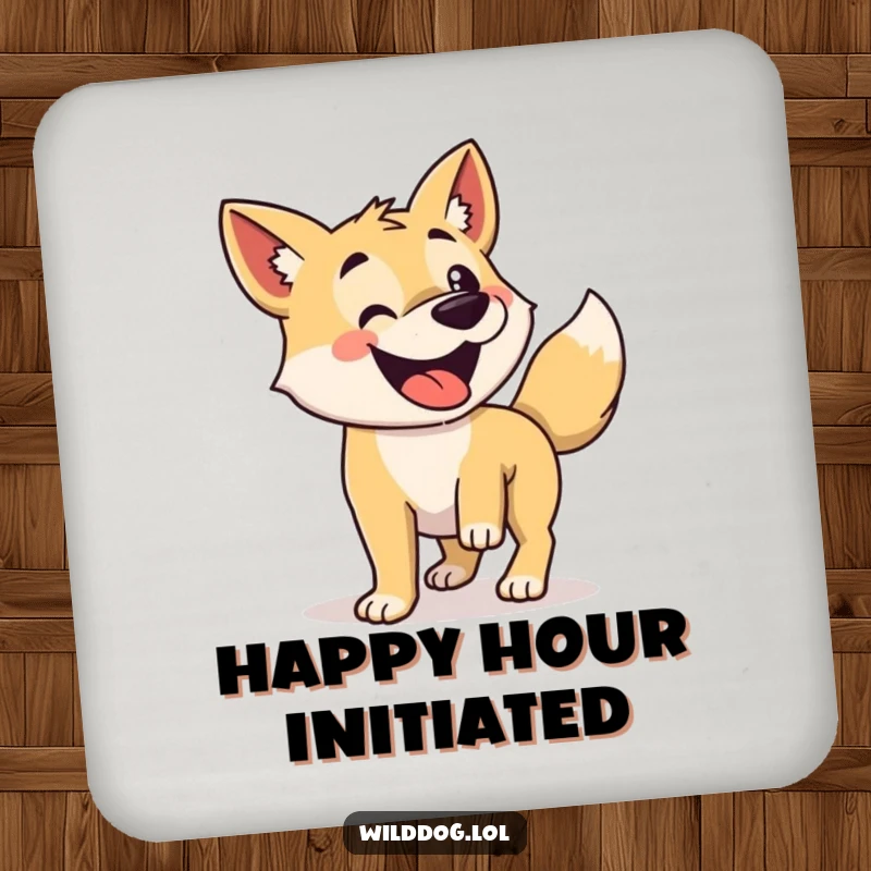 Funny drink coaster showing a wild dog with its tail wagging enthusiastically.