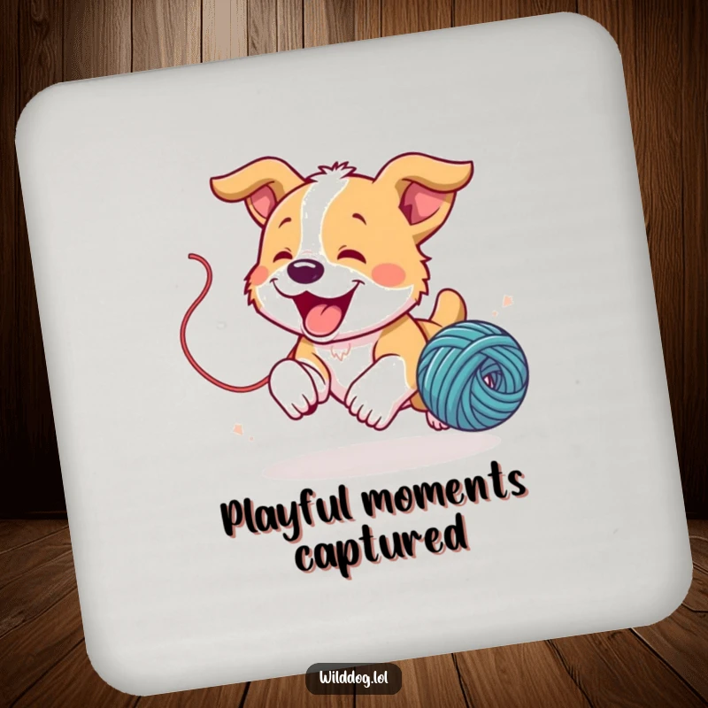 Funny wild dog puppy joyfully chasing a bouncing ball of yarn on a drink coaster, protecting surfaces.