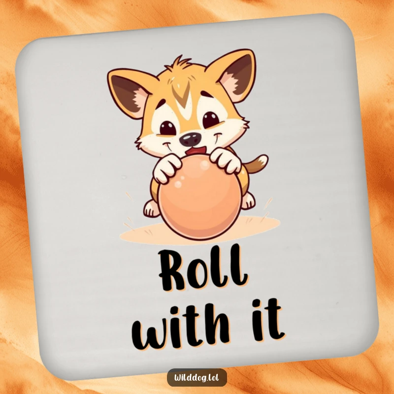 Funny drink coaster featuring a wild dog puppy playfully pouncing on a rolling ball.