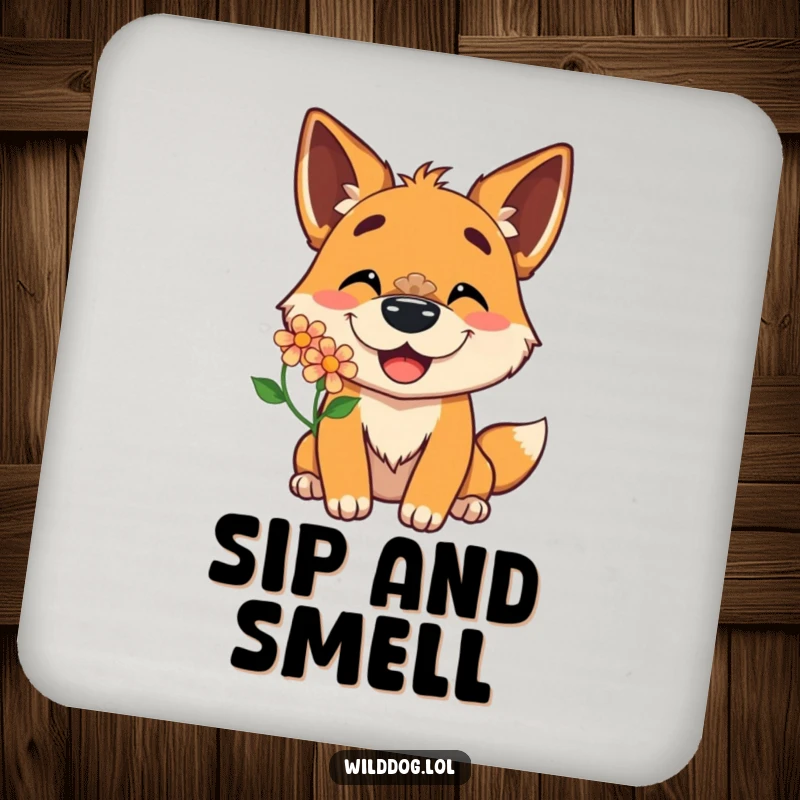Funny drink coasters featuring a wild dog character with a delighted grin balancing a flower on its nose, adding a cheerful touch to any table.