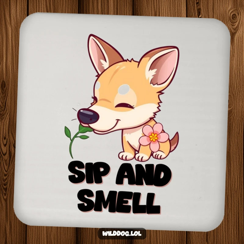 Funny wild dog drink coaster depicting a curious dog with a tilted head sniffing a flower, a humorous and functional tabletop accessory.