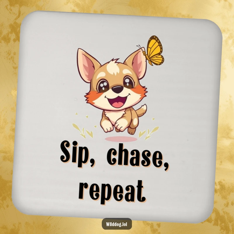Funny drink coaster featuring a wild dog joyfully chasing a butterfly, protecting surfaces with playful charm and humor.