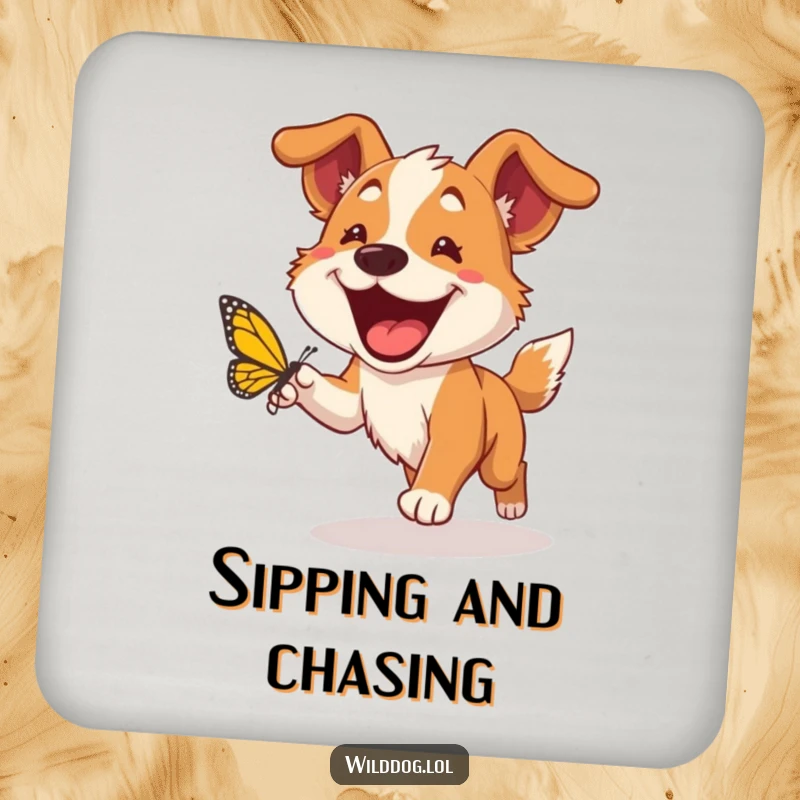 Funny wild dog drink coaster depicting a happy dog with a huge grin chasing a butterfly, a humorous and functional tabletop accessory.