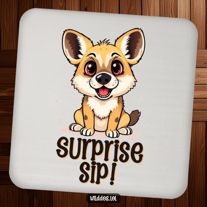 Funny drink coaster showing a wild dog with dramatically wide eyes and an open mouth, embodying a hilarious moment of playful surprise.