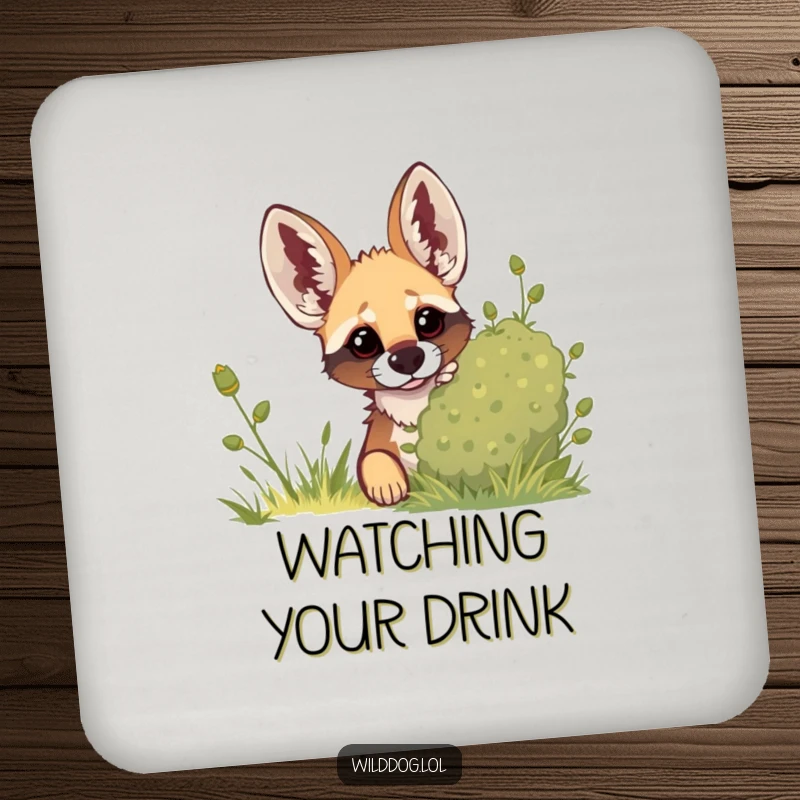 Funny drink coaster with a wild dog peeking from behind a bush, ears perked, inviting a game of hide-and-seek.