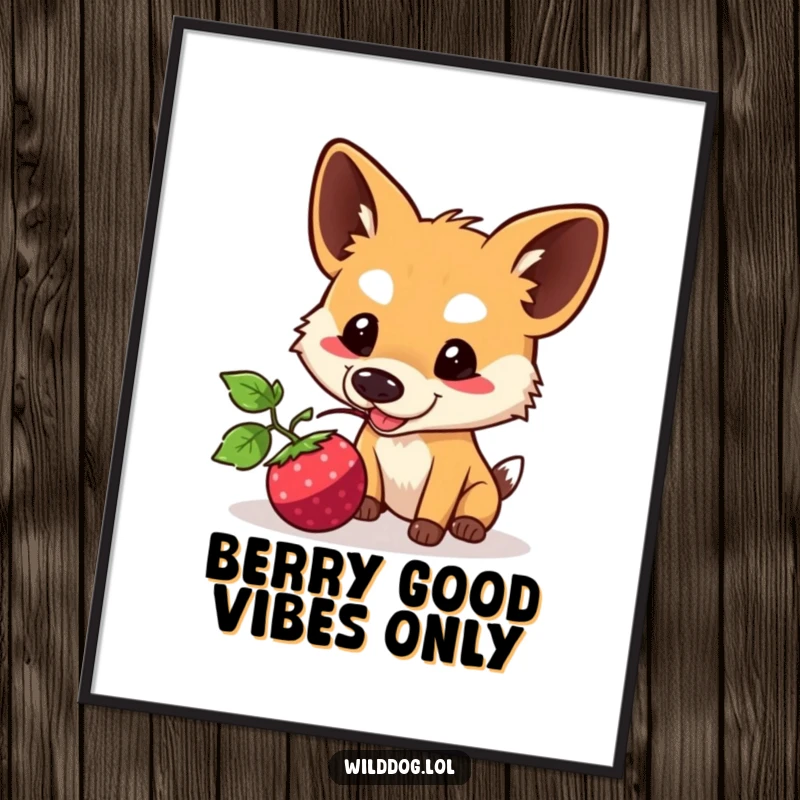 Funny Kawaii Wild Dog Poster: Playful character nudging a berry, bringing a dose of cute and funny art to any room.