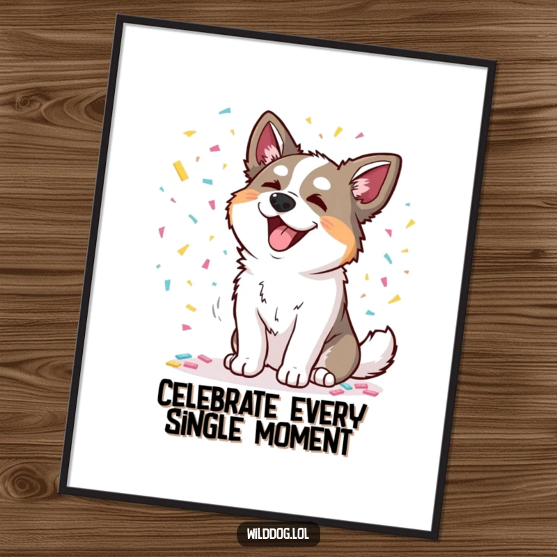 Funny poster art of a wild dog joyfully scattering colorful confetti, adding festive humor and personality to any room.