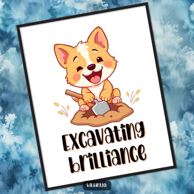 Funny poster art of an energetic wild dog on a comical mission, digging a hole with a miniature shovel, full of funny determination.