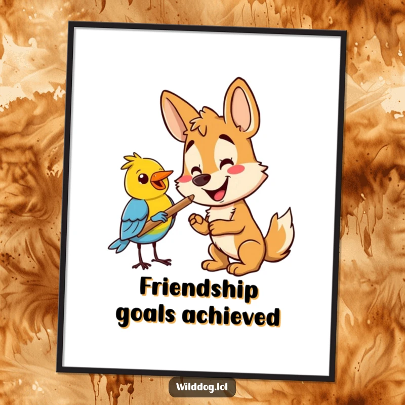 Funny wild dog offering a stick to a bird, creating a heartwarming and funny piece of wall art. Great funny gift.