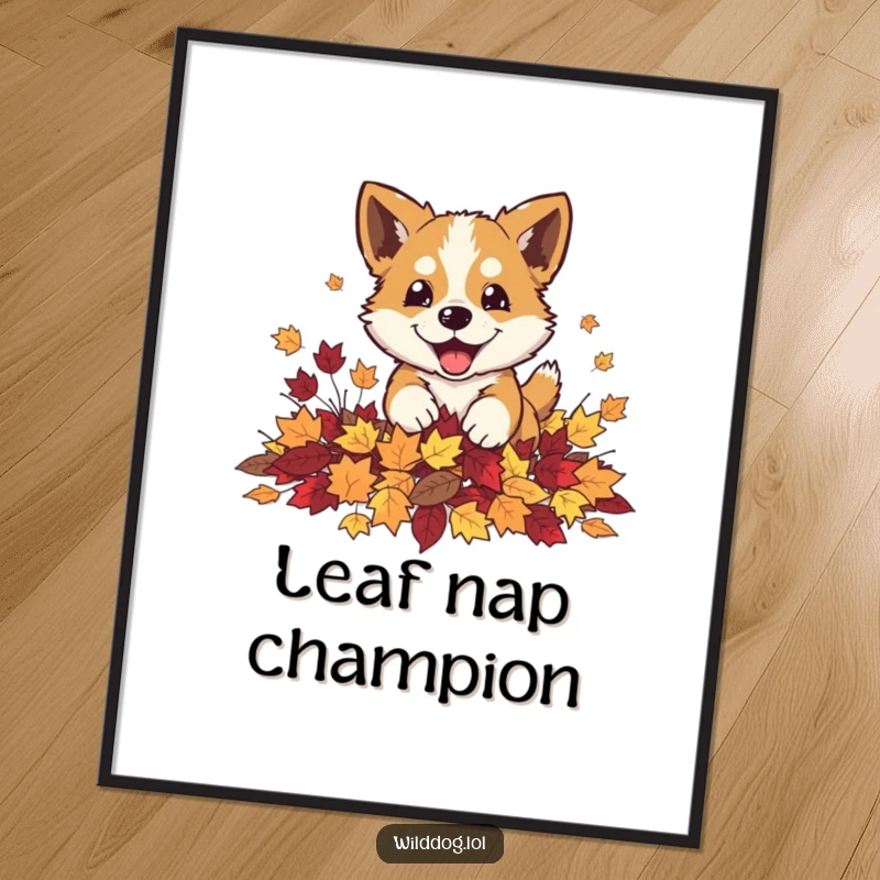 Funny wild dog playfully pouncing into a pile of autumn leaves on a vibrant poster, capturing fall's energy.