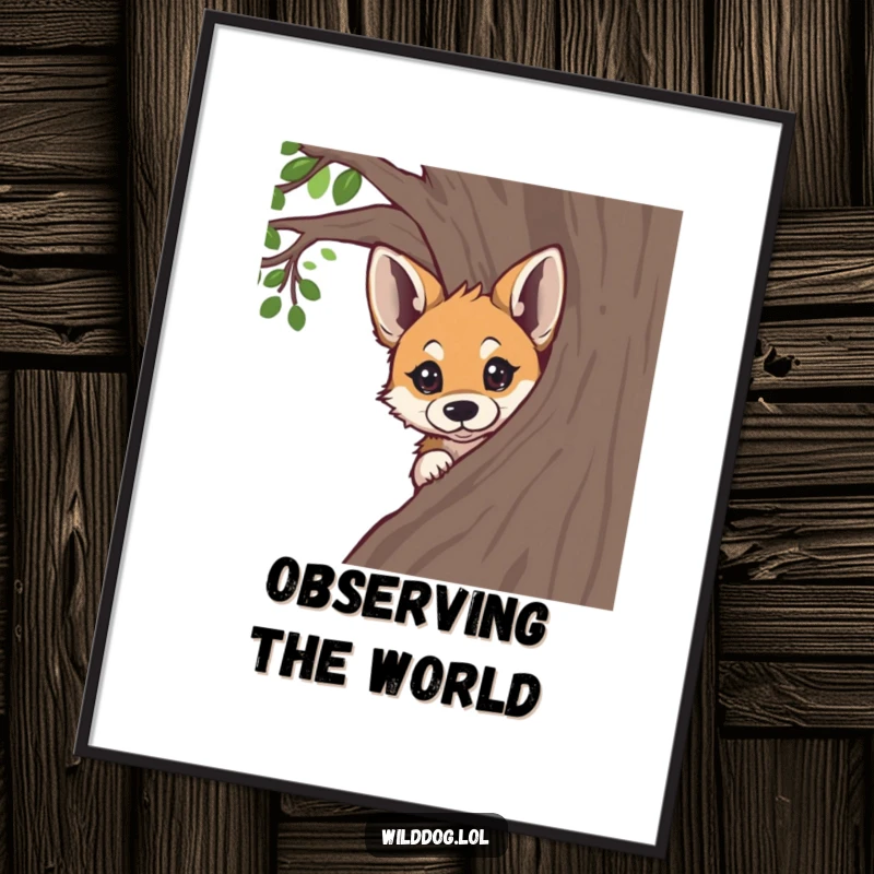 Funny wild dog peeking curiously from behind a tree, displayed as charming wall art on a poster.