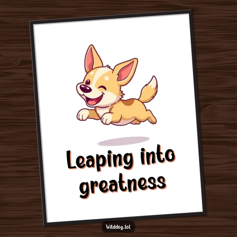 Funny dog poster depicting a wild dog in a happy leap, ears flapping in pure elation. Dynamic and humorous wall decor.