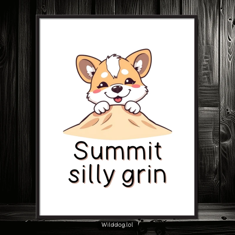 Funny wild dog with a silly grin peeking over a small hill on a vibrant poster, capturing pure joy.